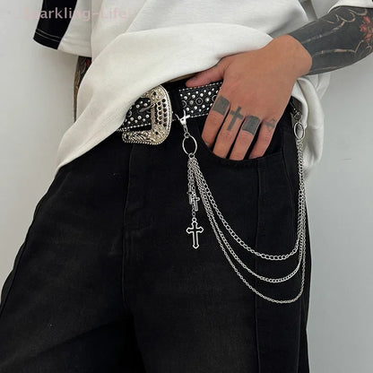 Retro Punk Cross Pendant Waist Chain | Unisex Hip Hop Jeans Keychain Accessory
