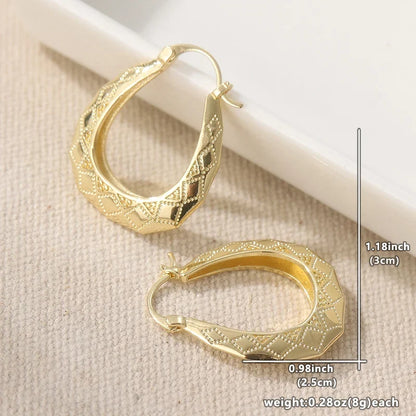 Vintage Oval Golden Hoop Earrings | Hand Carved Patterned Drop Earrings