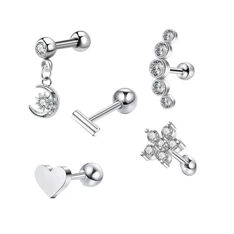 5PCS Heart Tragus Piercing Stud Earring Set | Small Lobe Stud Earrings Cartilage Piercing Helix Jewelry Barbell Stud Piercing Lot