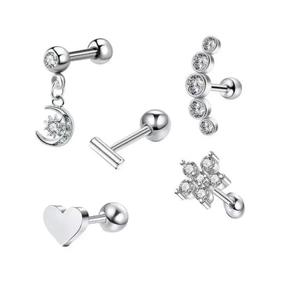 5PCS Heart Tragus Piercing Stud Earring Set | Small Lobe Stud Earrings Cartilage Piercing Helix Jewelry Barbell Stud Piercing Lot