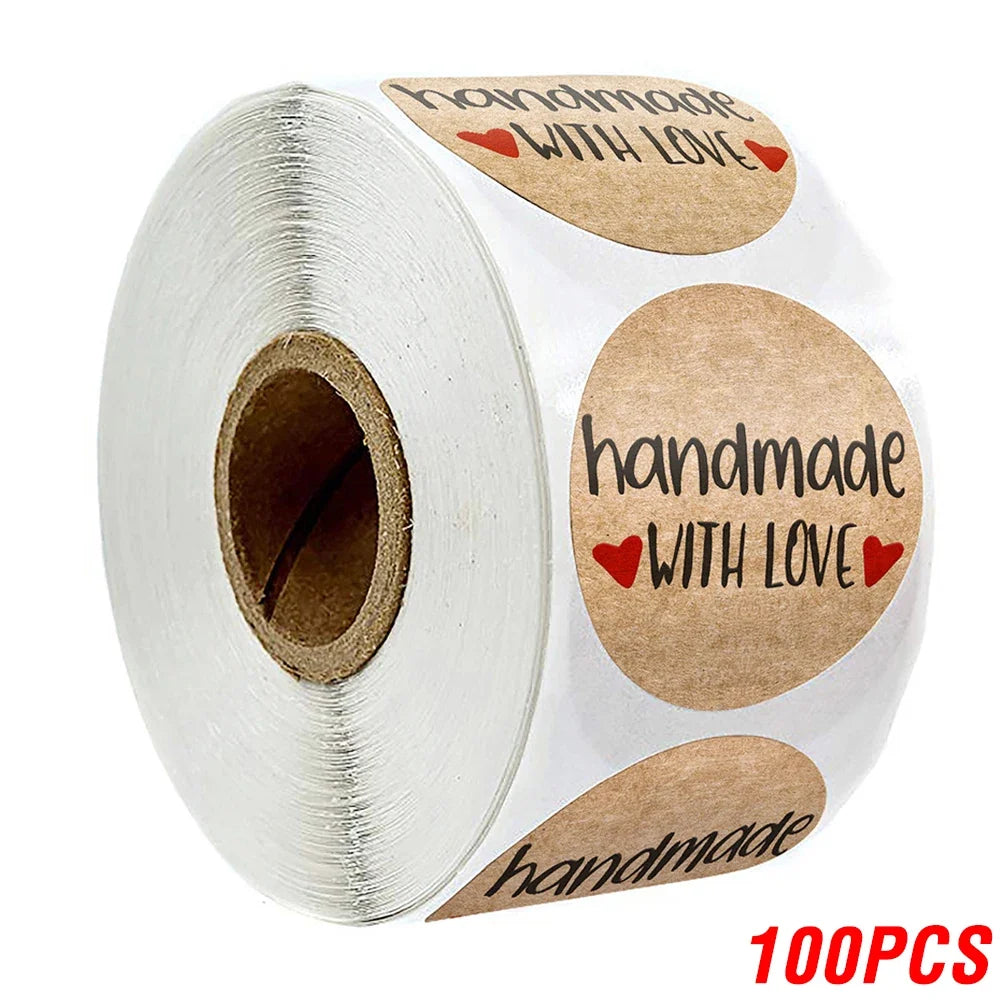 Vintage Kraft Paper Stickers | Handmade With Love Thank You Labels for Packaging and Gifts
