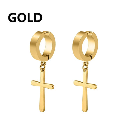 Punk Cross Stars Clip On Earrings | No Piercing Stainless Steel Ear Cuffs for Women Men