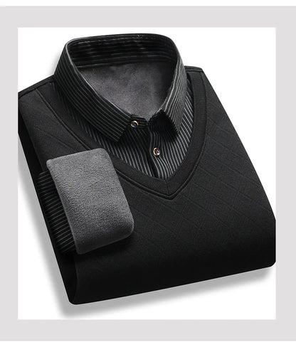 Retro Winter Pullovers Men Polo Neck Sweaters Fashion Striped Fleece Lined Polo Shirt Jumper Thick Knitting Sweaters