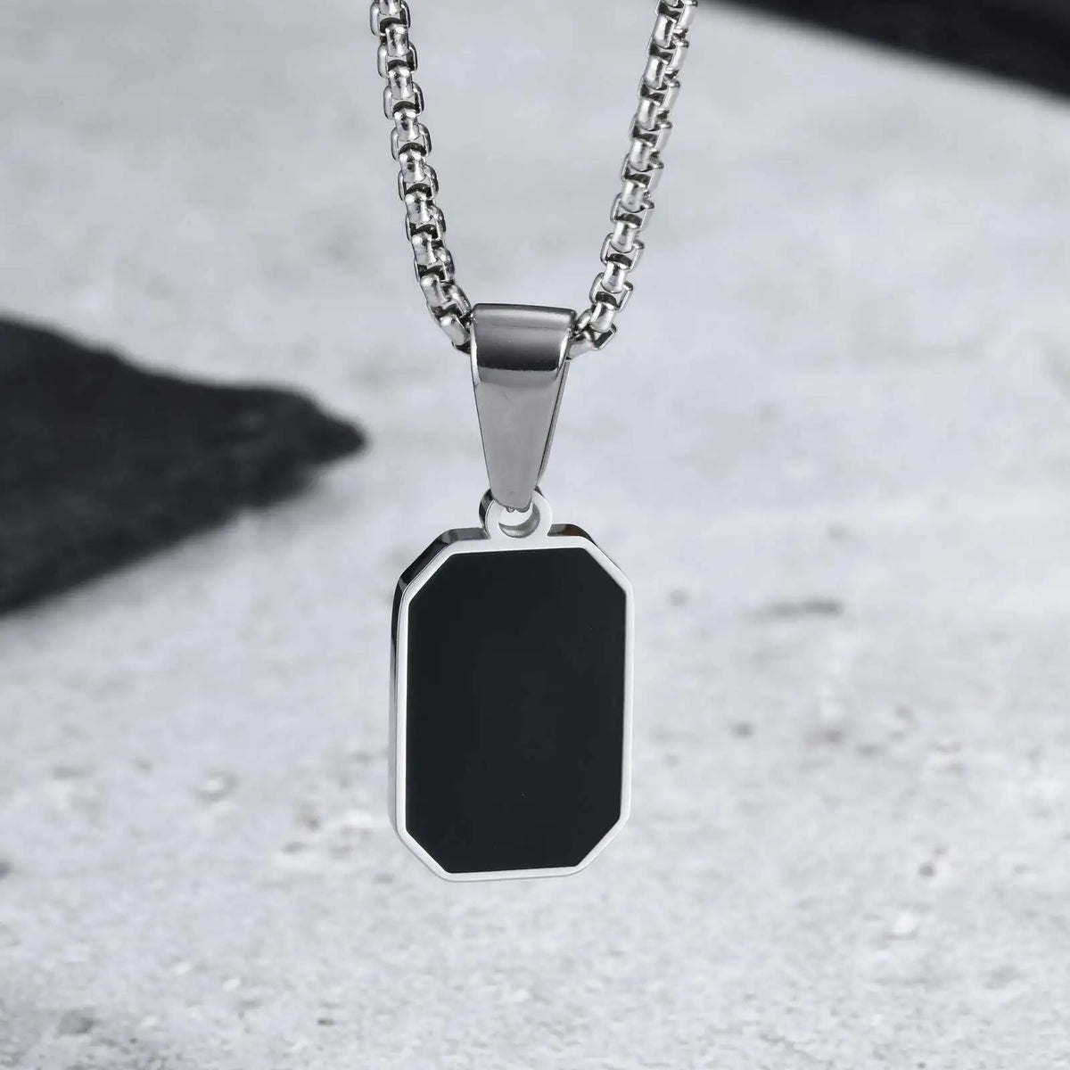 Men's Geometric Square Necklace | Black Enamel Rectangle Pendant with Rope Chain