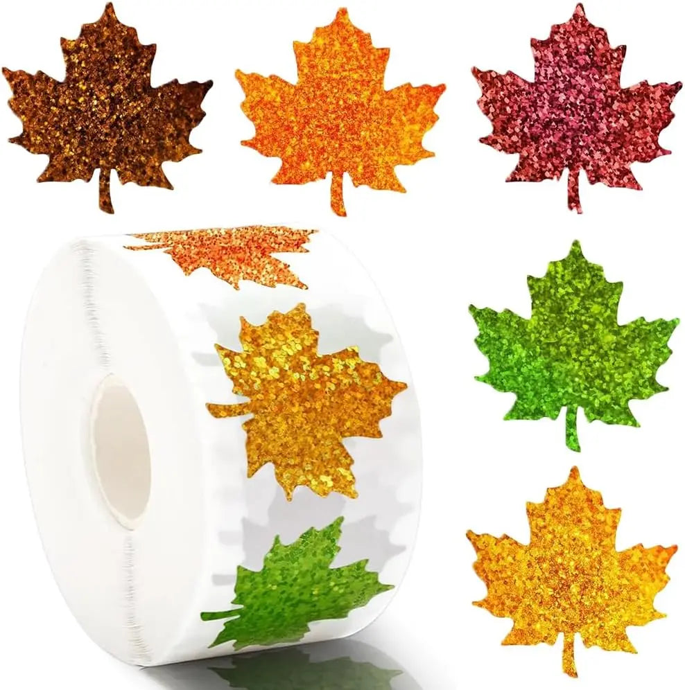 500Pcs Fall Thanksgiving Leaf Stickers | Holographic Maple Leaf Decals Roll