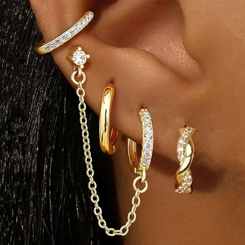 4PC Chain Huggie Earring Set | Flower Tragus Hoop Earrings for Women