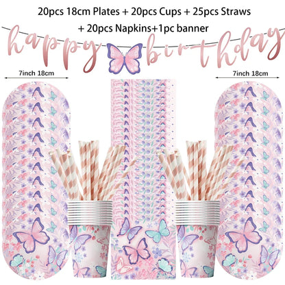 Butterfly Fairy Birthday Party Tableware Set – Pink Disposable Plates, Cups, Napkins & Tablecloth | Girls Party Decorations & Supplies