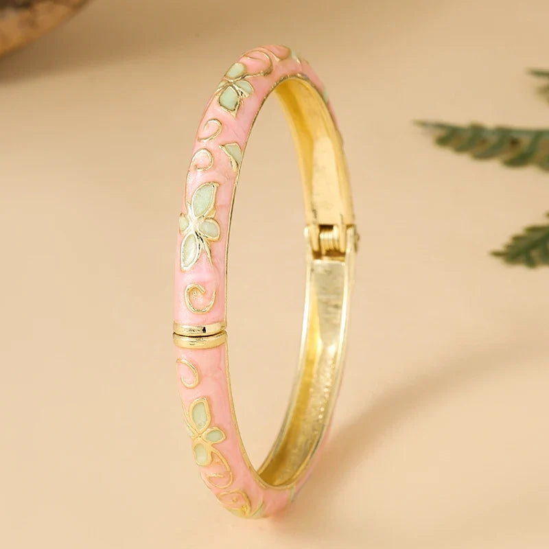 FTCY Four-Leaf Clover Enamel Bangle | Gold Plated Bohemian Bracelet for Women