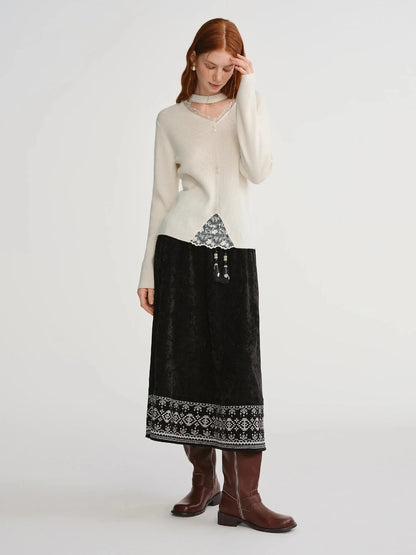 Plus Size Lace-Trimmed Mesh Knit Sweater Warm Wool Blend