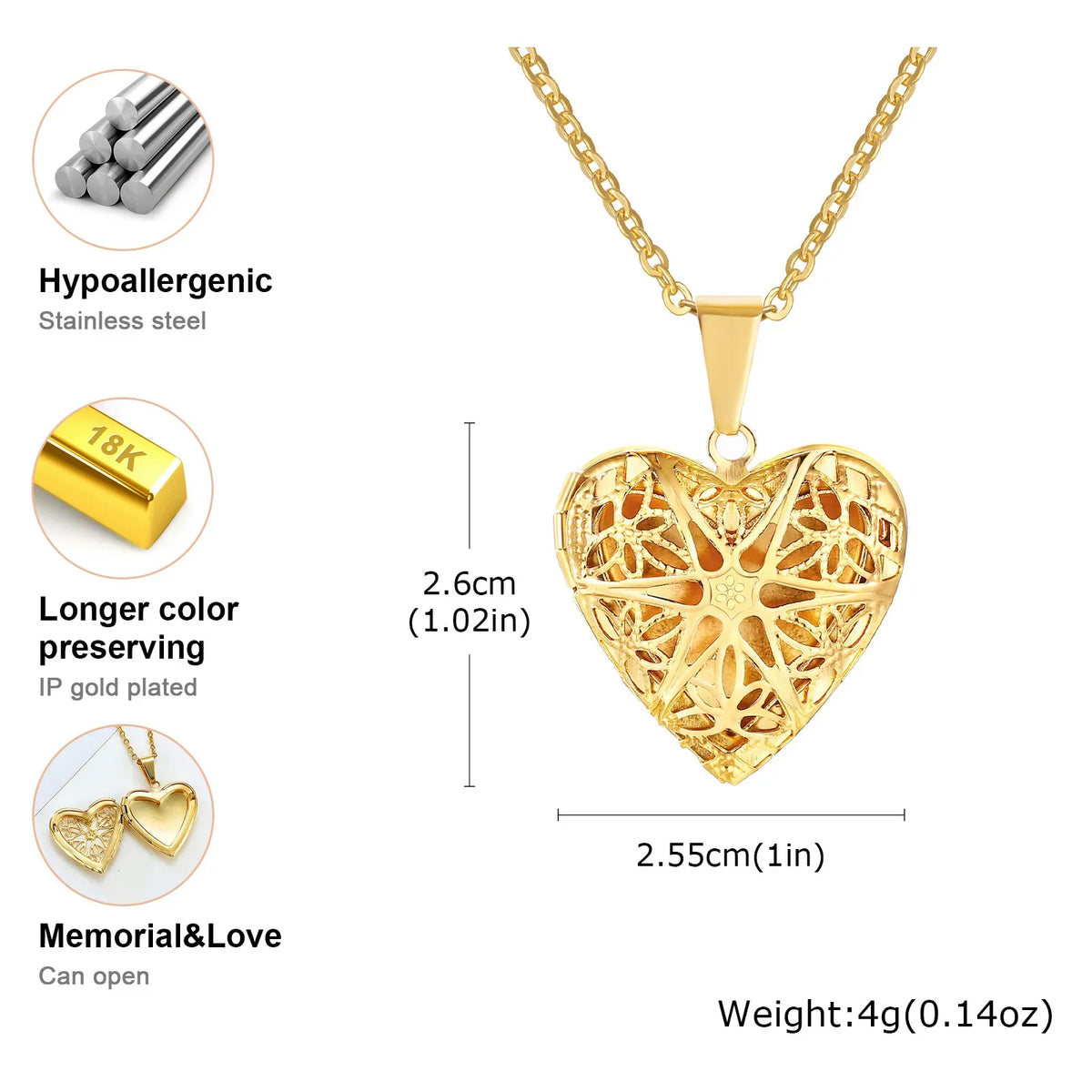 Gold Heart Locket Necklace with Photo Frame | Stainless Steel Jewelry for Women