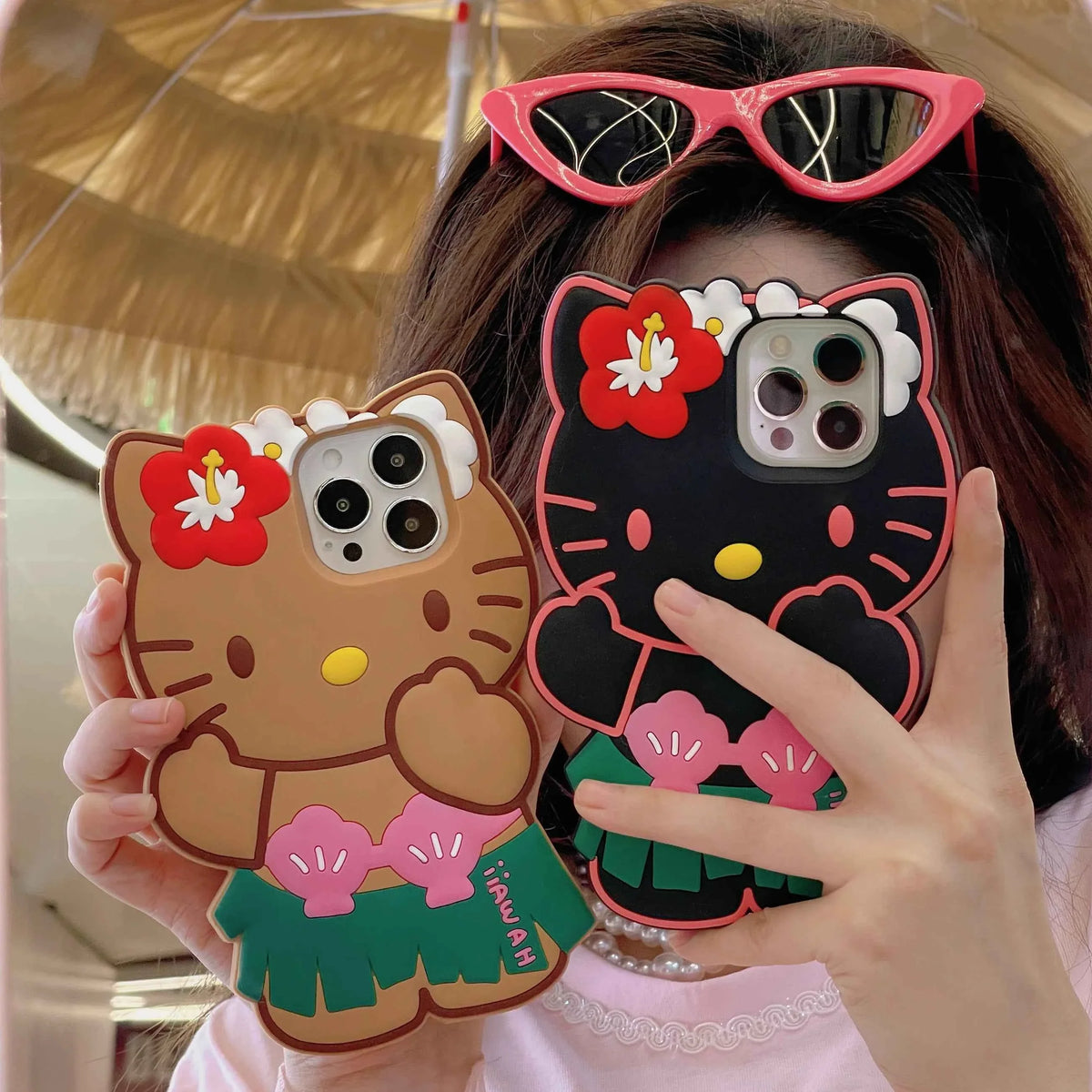 Kawaii Hello Kitty Phone Case For iPhone 17 16 15 14 13 12 11 Pro Max Plus 17 Pro Hawaiian Hula Skirt Kitty Silicone Phone Cover