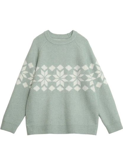 Snowflake Round Neck Knitted Pullover - Winter Jumper