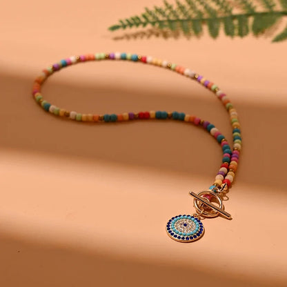 Colorful Stone Choker Necklace | Round Evil Charm Pendant for Women