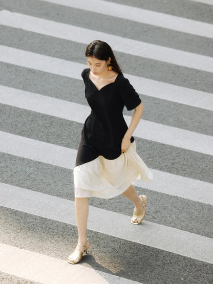 Contrast Fishtail Party Dress Short Sleeve Summer Style