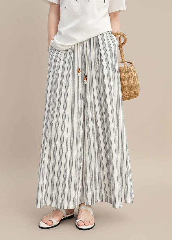 Cotton-Linen Wide Leg Pants Striped Resort Wear