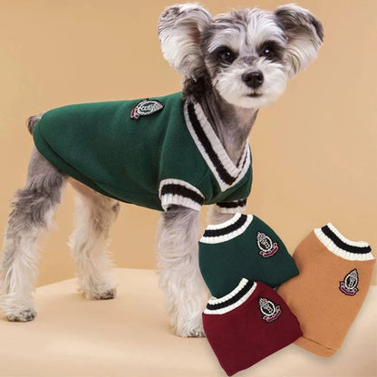 Small Dog Winter Sweater - V-Neck College Style Knitwear