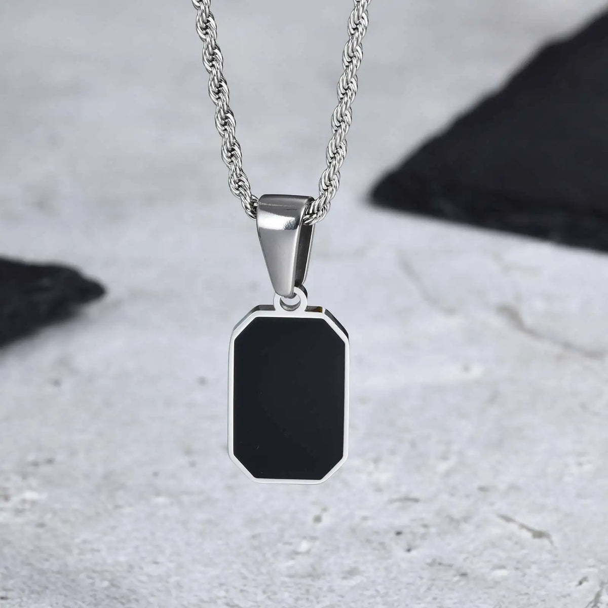 Men's Geometric Square Necklace | Black Enamel Rectangle Pendant with Rope Chain