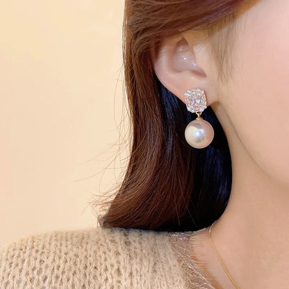 Gold Tone Pearl Drop Earrings | Shiny Crystal Pendant Jewelry