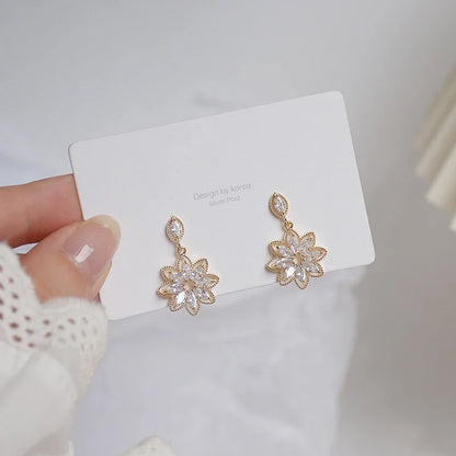 14K Real Gold Dainty Korean Flower Earrings for Women | Bling AAA Zirconia Stud Earrings