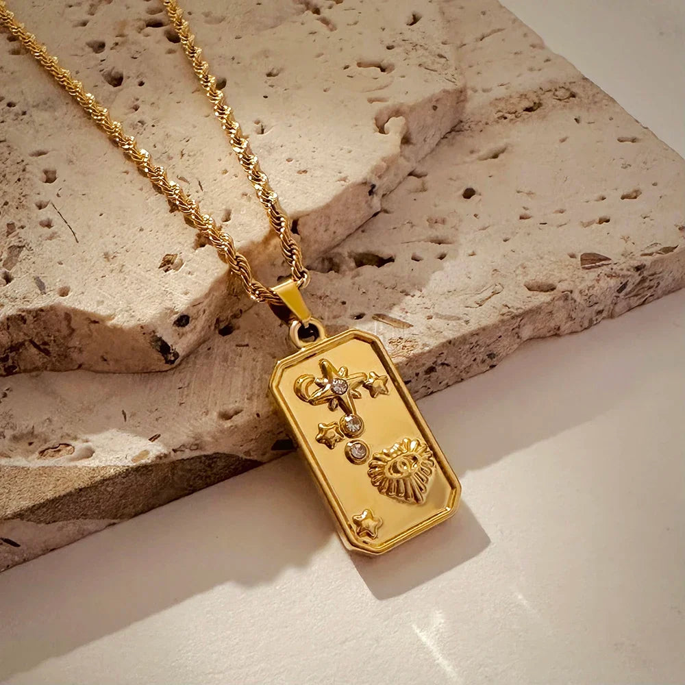 Vintage Gold Pendant Necklace | Hammered Moon Star Stainless Steel Jewelry
