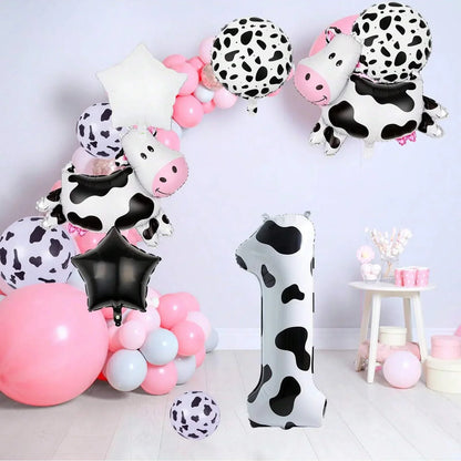 7pcs Big Cow Balloon Set 40 inch Black White Number 0-9 Foil Balloons | Farm Animal Birthday Party Decor