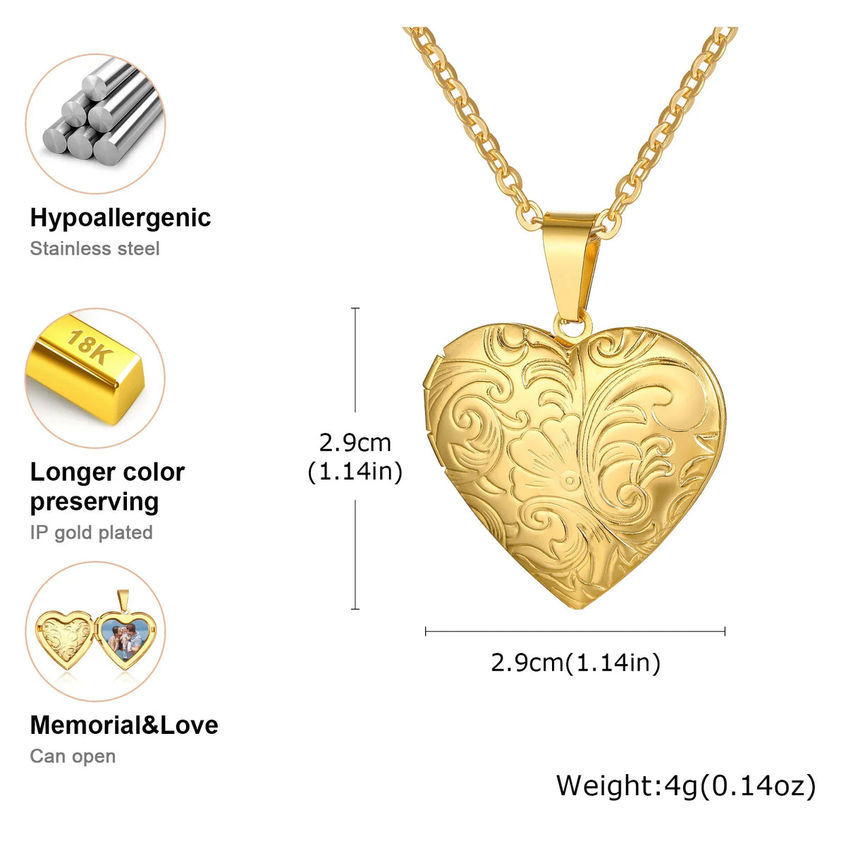 Gold Heart Locket Necklace with Photo Frame | Stainless Steel Jewelry for Women