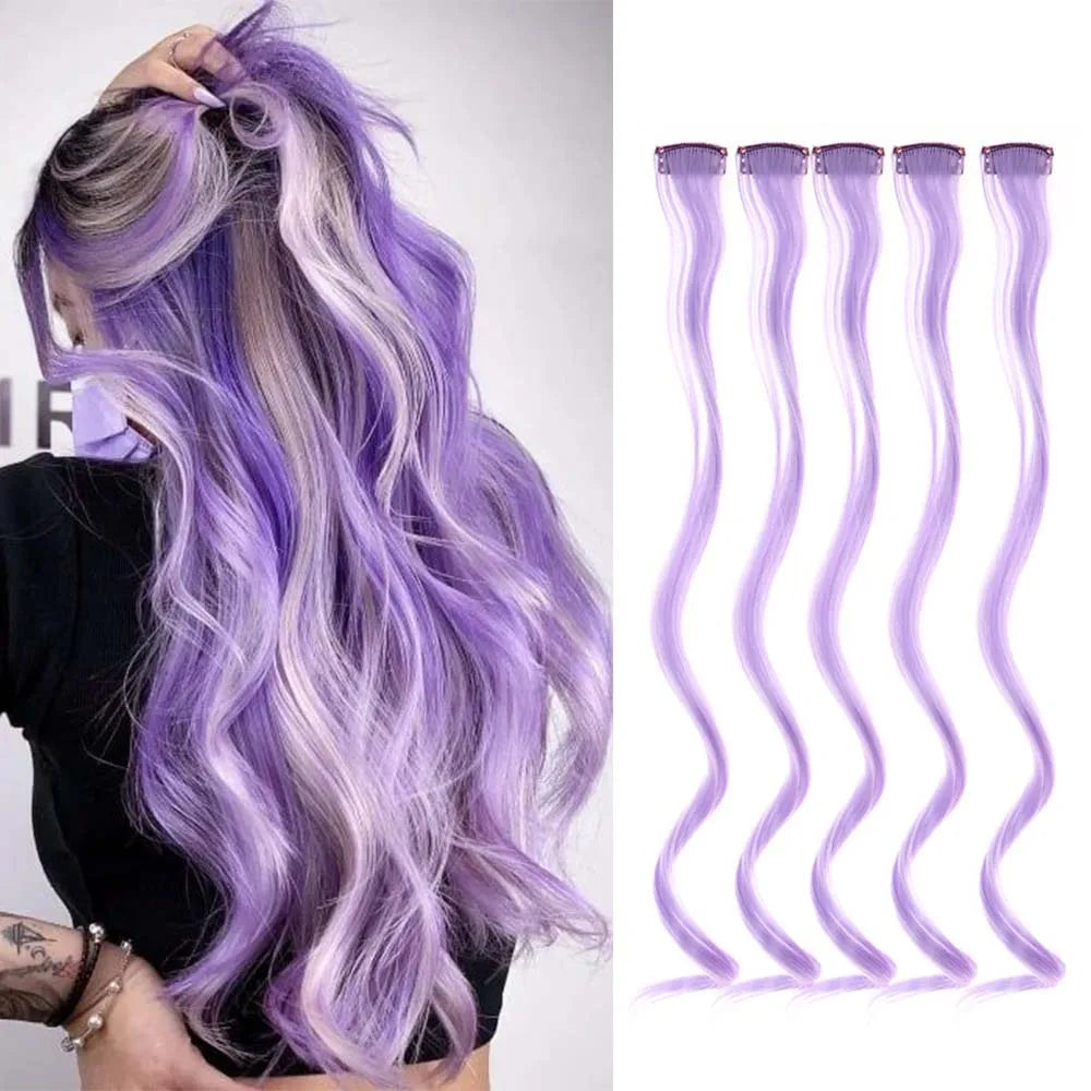 18 Inch Curly Clip In Hair Extensions Set | Colorful Highlight Synthetic Hairpieces