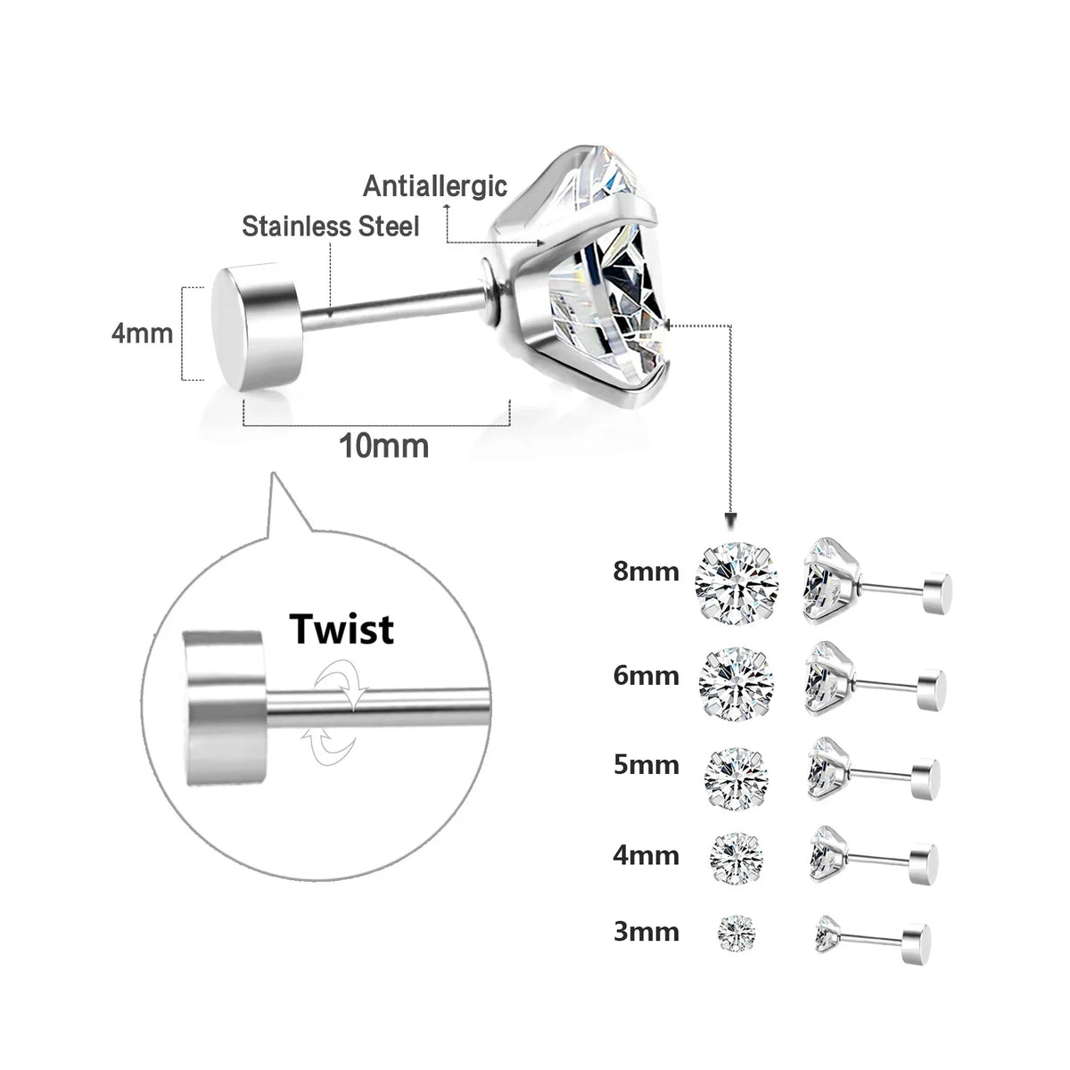 LUXUSTEEL Crystal Zircon Stud Earrings | Screw Back Round CZ Earrings for Men Women