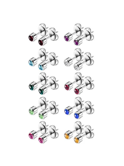 10pairs Colorful Rhinestone Stud Earrings Set | Stainless Steel Body Jewelry