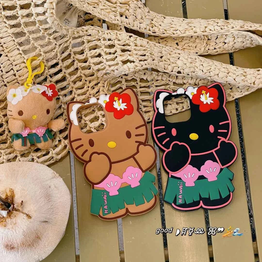 Kawaii Hello Kitty Phone Case For iPhone 17 16 15 14 13 12 11 Pro Max Plus 17 Pro Hawaiian Hula Skirt Kitty Silicone Phone Cover