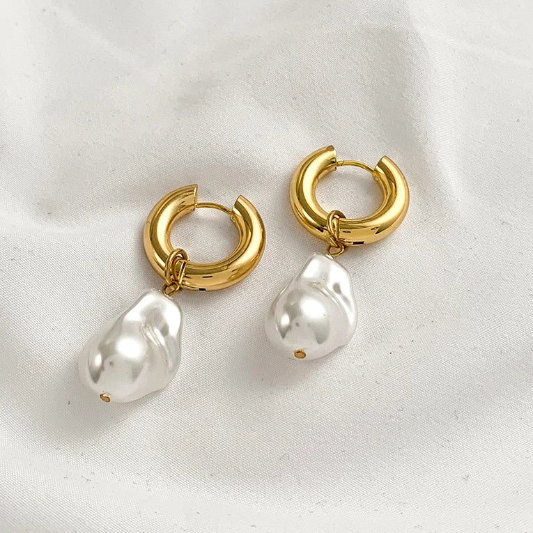Trendy Asymmetry Pearl Drop Earrings | Stainless Steel Huggie Hoops for Women