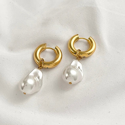 Trendy Asymmetry Pearl Drop Earrings | Stainless Steel Huggie Hoops for Women
