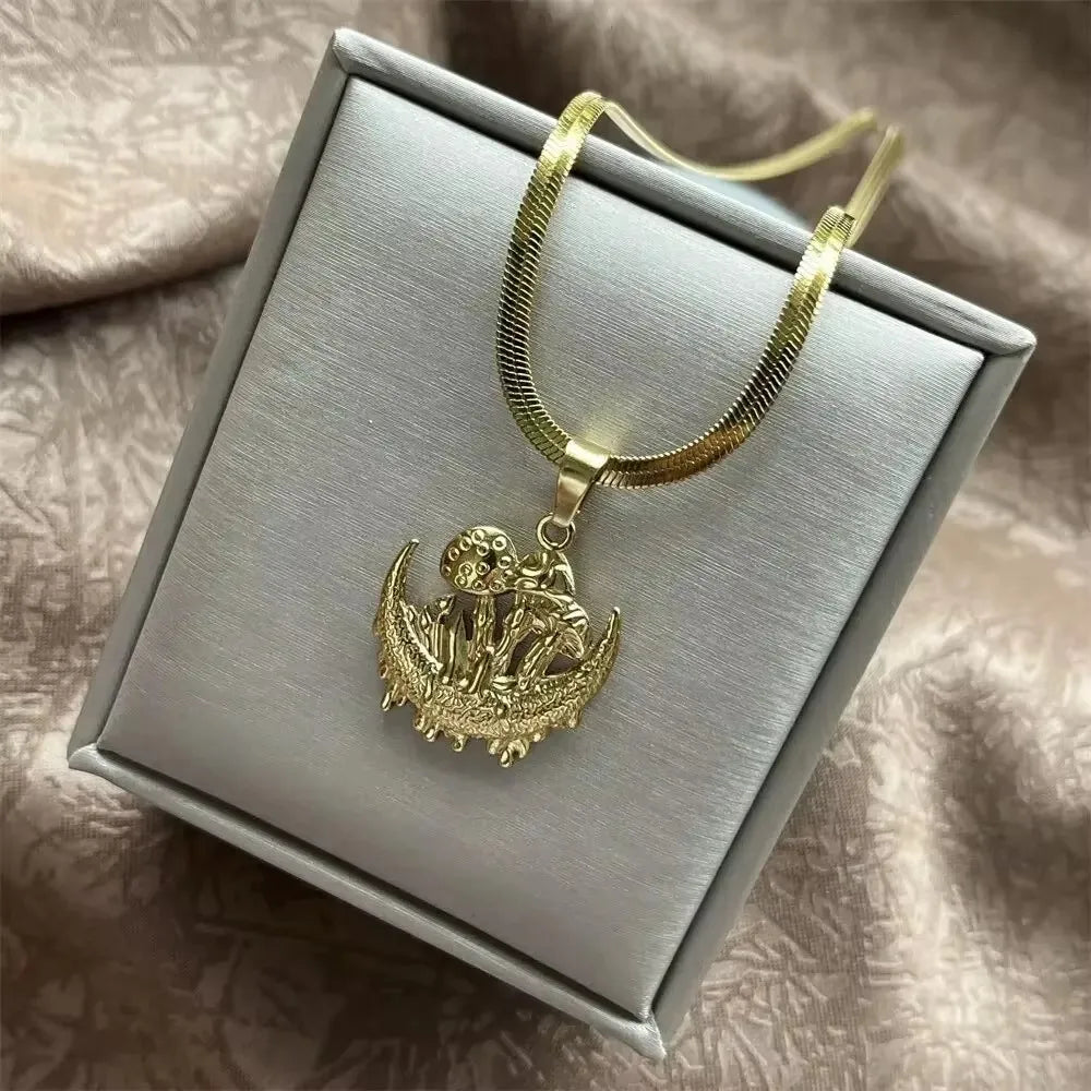 Stainless Steel OX Moon Necklace | Gold Plated Half Moon Blade Pendant