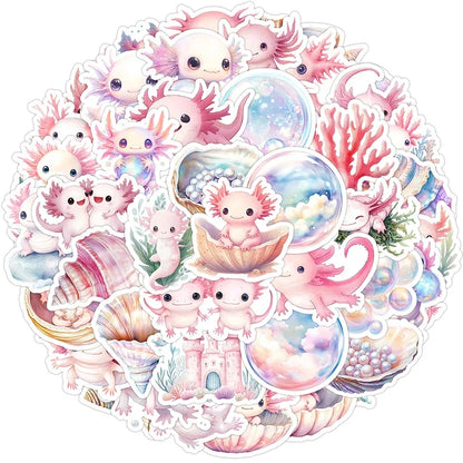 50 Cute Pink Axolotl Stickers | Waterproof Vinyl Animal Decals for Laptop, Water Bottle, and Phone