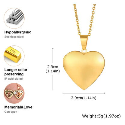 Gold Heart Locket Necklace with Photo Frame | Stainless Steel Jewelry for Women