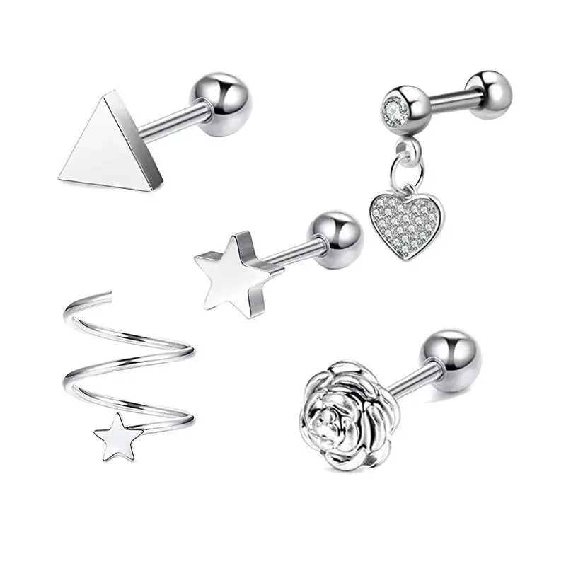 5PCS Heart Tragus Piercing Stud Earring Set | Small Lobe Stud Earrings Cartilage Piercing Helix Jewelry Barbell Stud Piercing Lot