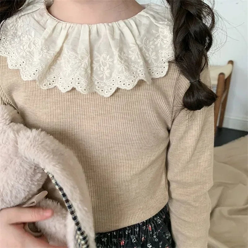 1-12 Years Girls Long Sleeve Lace T-Shirt – Spring Knitted Top with Ruffle Collar, Korean Style Children’s Shirt 2025