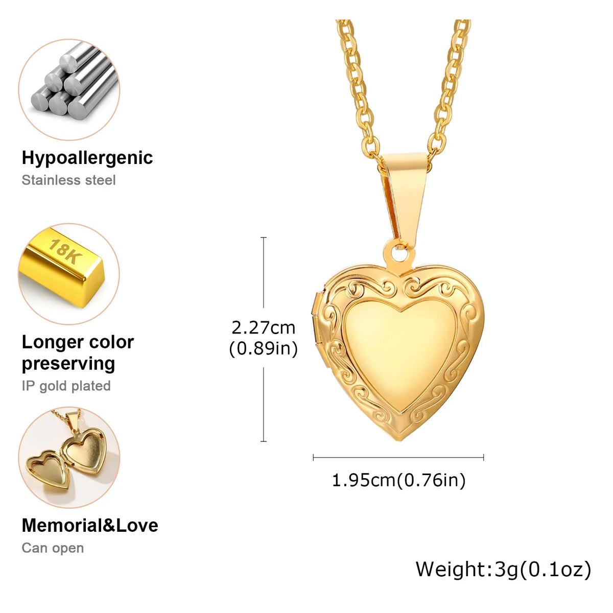 Gold Heart Locket Necklace with Photo Frame | Stainless Steel Jewelry for Women