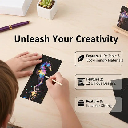 Kids Scratch Art Set with Bookmark Paper | 12 Pcs Animal Drawing Kit
