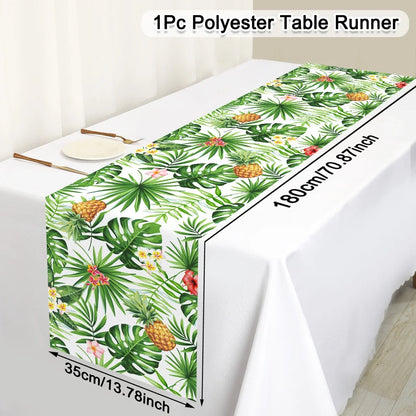Tropical Hawaiian Party Tablecloth and Flamingo Decor Set | Plastic Table Runner and Candy Bags