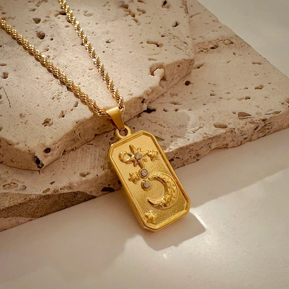 Vintage Gold Pendant Necklace | Hammered Moon Star Stainless Steel Jewelry
