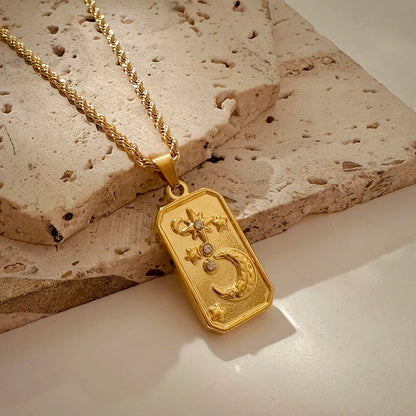 Vintage Gold Pendant Necklace | Hammered Moon Star Stainless Steel Jewelry