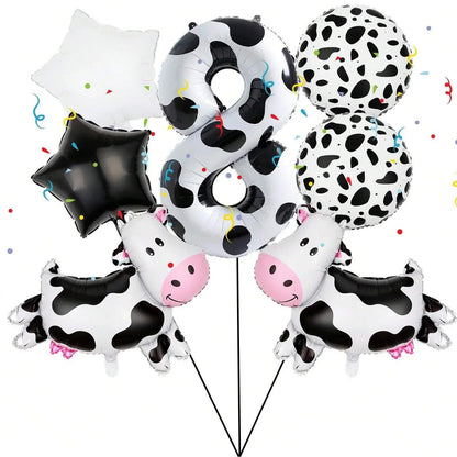 7pcs Big Cow Balloon Set 40 inch Black White Number 0-9 Foil Balloons | Farm Animal Birthday Party Decor