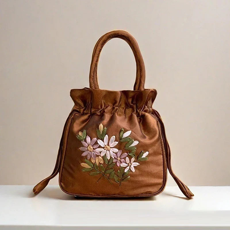 ZTBBAO Embroidered Flower Bucket Bag | Small Top Handle Handbag for Women