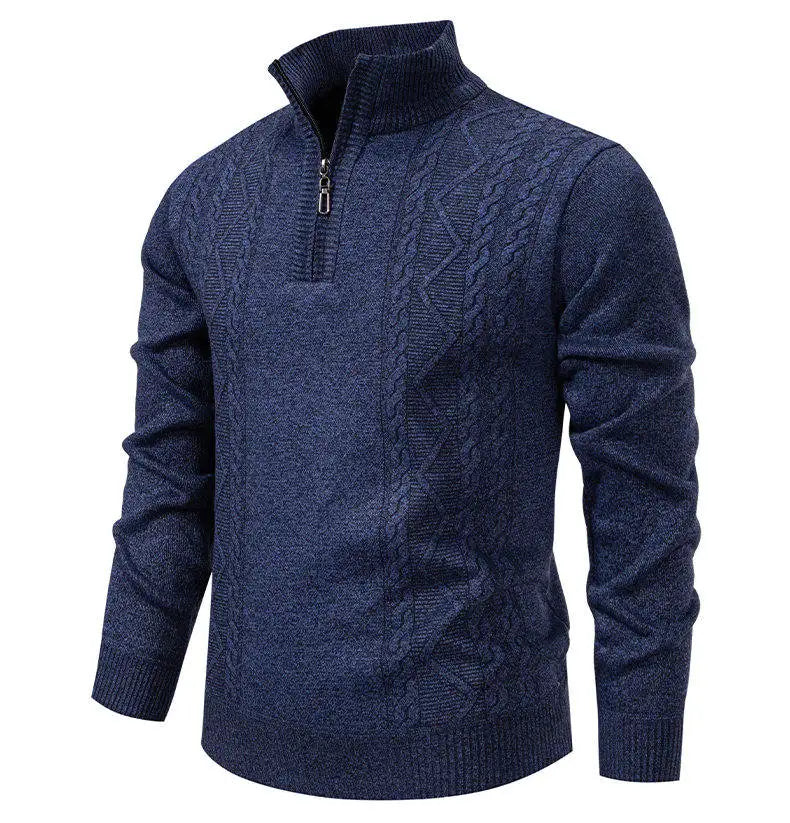 Winter Fleece-Lined Stand Collar Half-Zip Pullover Knitted Sweater for Men,Multi-Color Versatile Casual  Men's Knit Sweater