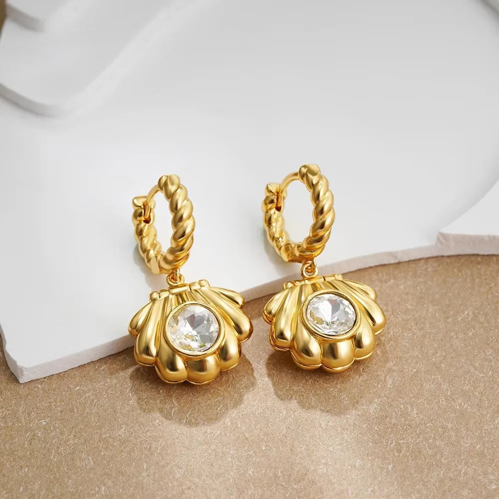Vintage Gold Snail Shell Drop Earrings | CZ Zircon Beach Jewelry for Women