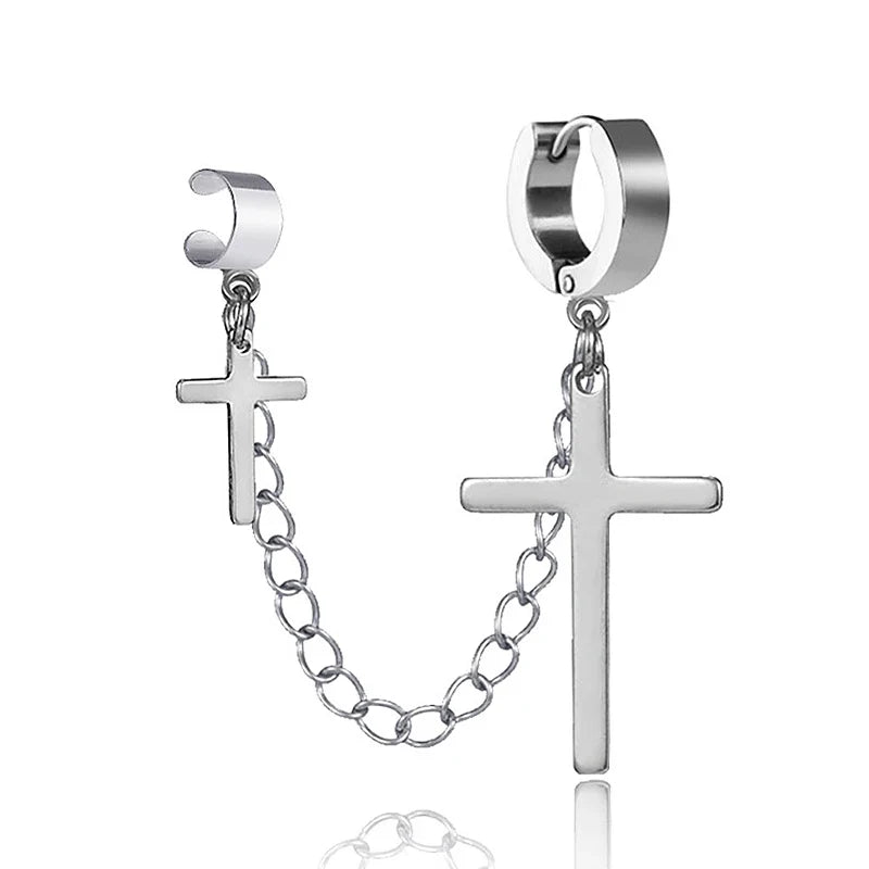 Fashion Punk Cross Pendant Clip Earring | Unisex Metal Chain Tassel Ear Cuff