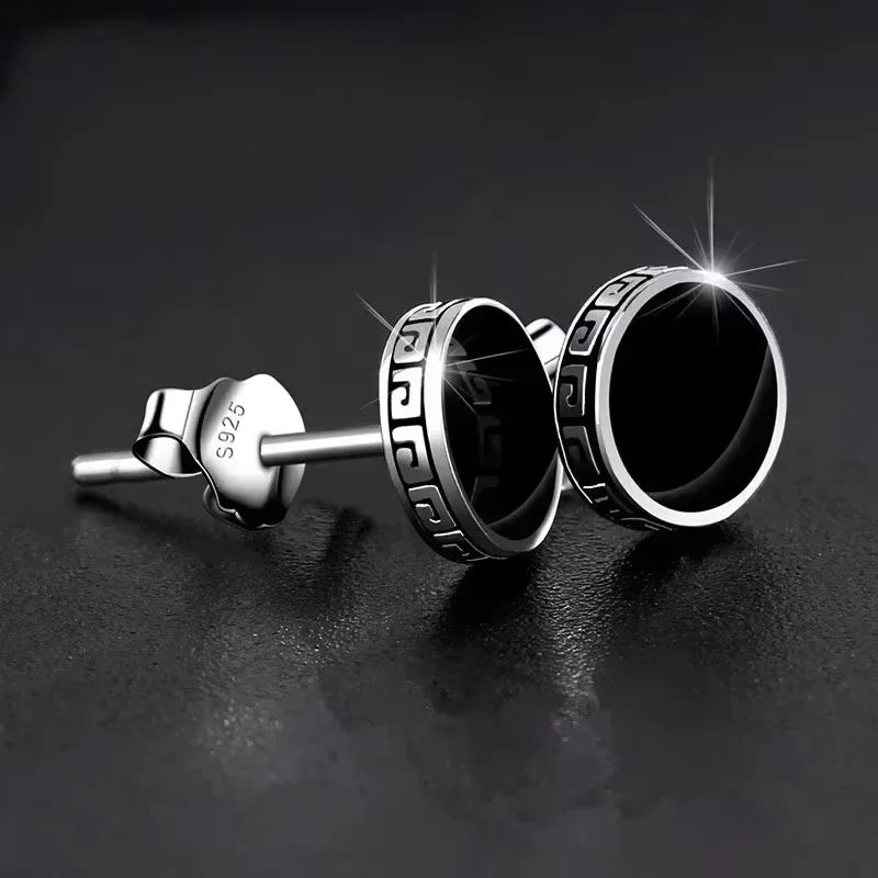 925 Silver Earrings Men Black Circle Single Simple Luxury Earring