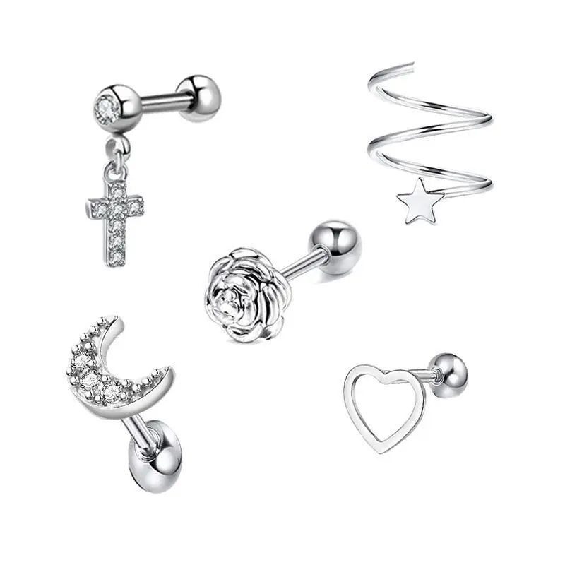 5PCS Heart Tragus Piercing Stud Earring Set | Small Lobe Stud Earrings Cartilage Piercing Helix Jewelry Barbell Stud Piercing Lot