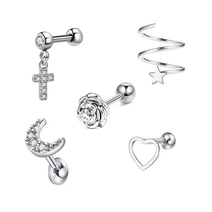 5PCS Heart Tragus Piercing Stud Earring Set | Small Lobe Stud Earrings Cartilage Piercing Helix Jewelry Barbell Stud Piercing Lot